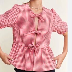 NWT Red Gingham Bow-Tie Blouse